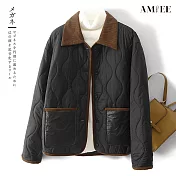 【AMIEE】燈芯絨拼接風菱格外套(KDCQ-8017) M 黑色