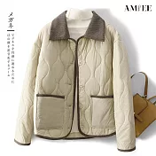 【AMIEE】燈芯絨拼接風菱格外套(KDCQ-8017) M 淺卡其