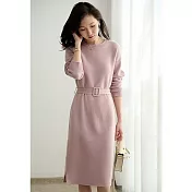 【MsMore】 配大衣毛衣腰帶長款氣質內搭針織洋裝# 126967 FREE 玫紅色