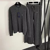 【MsMore】 氣質時尚針織2件式套裝馬球刺繡麻花針織毛衣+長褲# 126968 FREE 灰色