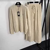 【MsMore】 氣質時尚針織2件式套裝馬球刺繡麻花針織毛衣+長褲# 126968 FREE 杏色