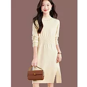 【MsMore】 羊毛感針織中長小個子配大衣毛衣釘珠洋裝# 126970 FREE 米白色