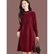 【MsMore】 羊毛感針織中長小個子配大衣毛衣釘珠洋裝# 126970 FREE 紅色