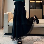 【MsMore】 蕾絲針織蛋糕裙A字長款休閒垂感傘裙# 126930 M 黑色