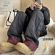 【ACheter】 加厚夾棉格子拼接大碼寬鬆防風保暖長褲# 126935 M 黑色