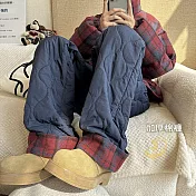 【ACheter】 加厚夾棉格子拼接大碼寬鬆防風保暖長褲# 126935 M 藏青色