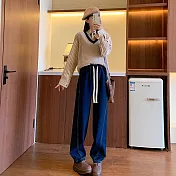 【MsMore】 加絨美式抽繩香蕉鐮刀褲腰頭拼色休閒牛仔褲# 126938 M 藍色