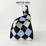 【素包包】日系幾何套結針織手挽隨行包 _藍白格