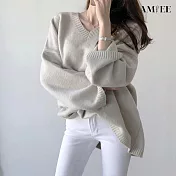 【AMIEE】韓系潮流V領寬鬆針織長版上衣(KDTQ-0037) FREE 杏色