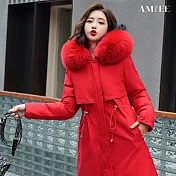 【AMIEE】韓版收腰毛毛領羽絨棉長版外套(KDCQ-2062) L 紅色