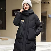 【AMIEE】韓系洋氣長版羽絨棉外套(KDCQ-2303) M 黑色