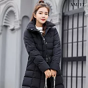 【AMIEE】韓款修身長版羽絨棉外套(KDCQ-928) M 黑色