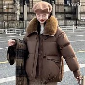 【AMIEE】寬鬆大翻領羽絨棉外套(KDCQ-816) M 咖啡