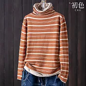 【初色】休閒風假兩件顯瘦條紋高領長袖打底T恤上衣女上衣-共4色-16818(M-4XL可選) M 桔色