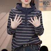 【初色】復古撞色條紋寬鬆拉鍊領連帽長袖衛衣上衣女上衣-藍色-16819(M-3XL可選) M 藍色