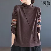 【初色】日系純色拼接印花貼布半高領長袖德絨T恤上衣女上衣-共3色-16822(M-3XL可選) M 咖啡色