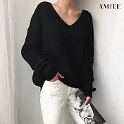【AMIEE】慵懶風韓版V領針織上衣(KDTQ-3015) FREE 黑色