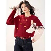 【MsMore】 小馬流蘇花朵刺繡針織衫漂亮新年毛衣# 127020 FREE 紅色