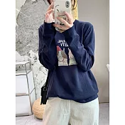 【MsMore】 長袖T恤寬鬆趣味狗印花上衣# 126991 M 藏青色