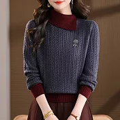 【MsMore】 撞色翻領麻花刺繡厚毛衣針織上衣# 127046 FREE 灰色