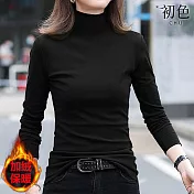 【初色】韓版修身純色百搭半高領長袖加絨保暖T恤上衣女上衣-共6色-39464(M-4XL可選) M 黑色