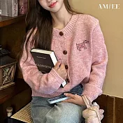 【AMIEE】時尚開襟舒適貼布針織上衣(KDTQ-P27) FREE 粉色