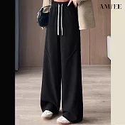 【AMIEE】垂墜感時尚修身加絨休閒闊腿褲(KDPQ-9475) M 黑色
