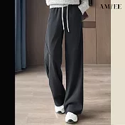 【AMIEE】垂墜感時尚修身加絨休閒闊腿褲(KDPQ-9475) M 灰色