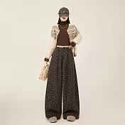 【MsMore】 毛呢西裝褲高腰寬鬆碎花印花彎刀長褲# 127001 S 咖色