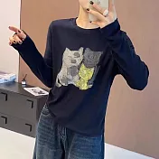 【MsMore】 手繪貓咪長袖T恤寬鬆印花上衣# 127004 M 藏青色