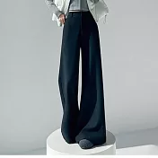 【MsMore】 窄版直筒毛呢垂順高腰微喇糯米長褲# 127052 S 藏青色