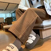 【MsMore】 毛呢格子闊腿顯瘦小個子寬鬆顯瘦直筒靴褲# 127075 M 咖色