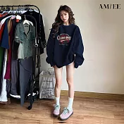 【AMIEE】美式復古寬鬆版休閒衛衣上衣(KDTQ-5043) M 藏青