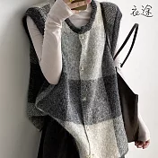 【衣途】寬鬆格子針織馬甲背心(KDCQ-B576) FREE 灰色