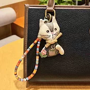 【HandStyle】吊飾 2026馬年慵懶午茶咖啡貓咪手工吊飾(57045) -米色小花貓咪x黃色彩繩扣