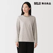 【MUJI 無印良品】女天竺圓領長袖T恤 S 灰棕橫紋