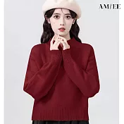 【AMIEE】無印百搭半高領針織毛衣上衣(KDTQ-8573) FREE 紅色