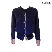 【AMIEE】時尚麻花拼接開襟針織毛衣外套(KDCQ-6697) FREE 藏青