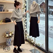 【初色】純色收腰顯瘦翻領蝙蝠袖寬鬆針織衫內搭打底毛衣上衣女上衣-共2色-17387(F可選) FREE 灰色