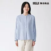 【MUJI 無印良品】女吉貝木棉混二重紗織長袖套衫 S 藍直紋