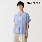 【MUJI 無印良品】女吉貝木棉混二重紗織短袖套衫 S 淡藍直紋