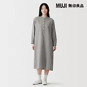 【MUJI 無印良品】女吉貝木棉混二重紗織長袖洋裝 S 灰直紋