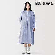 【MUJI 無印良品】女吉貝木棉混二重紗織長袖洋裝 S 淡藍直紋