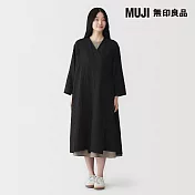 【MUJI 無印良品】女吉貝木棉混二重紗織交叉綁帶洋裝 S 黑色