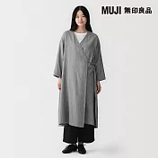 【MUJI 無印良品】女吉貝木棉混二重紗織交叉綁帶洋裝 S 灰直紋