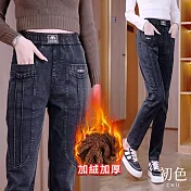 【初色】簡約加絨加厚保暖高腰鬆緊腰雙口袋休閒褲牛仔褲窄管褲長褲-共2色-16027(M-6XL可選) M 黑灰色加絨款