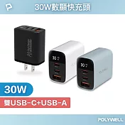 POLYWELL 30W三孔數顯快充頭 雙Type-C+USB-A孔  /黑色