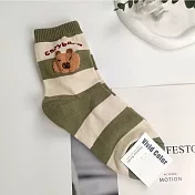 Kankoku韓國  立體刺繡小熊、水豚君中筒襪 抹茶綠條紋