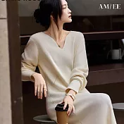 【AMIEE】優雅洋氣V領針織洋裝連衣裙(KDDQ-9710) M 奶杏