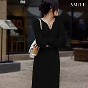 【AMIEE】優雅洋氣V領針織洋裝連衣裙(KDDQ-9710) M 水墨黑